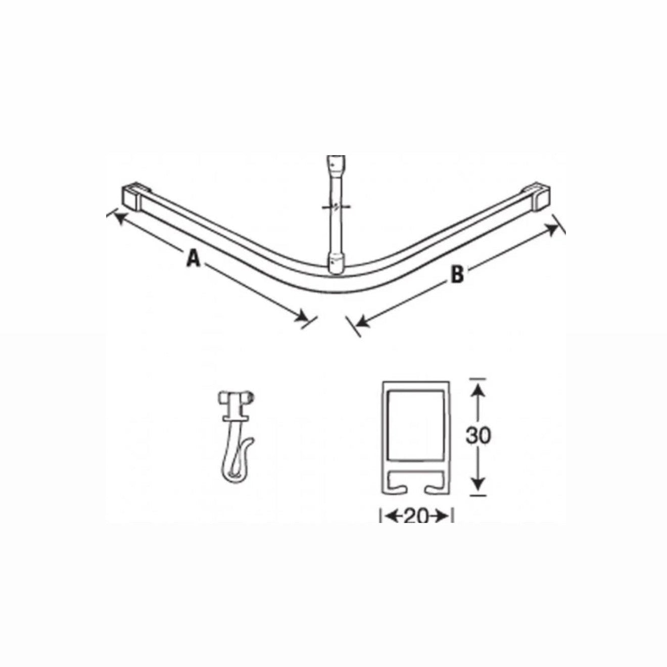 ST120 - Standard L-Shaped Shower Curtain Track Kit - 1200 x 1200